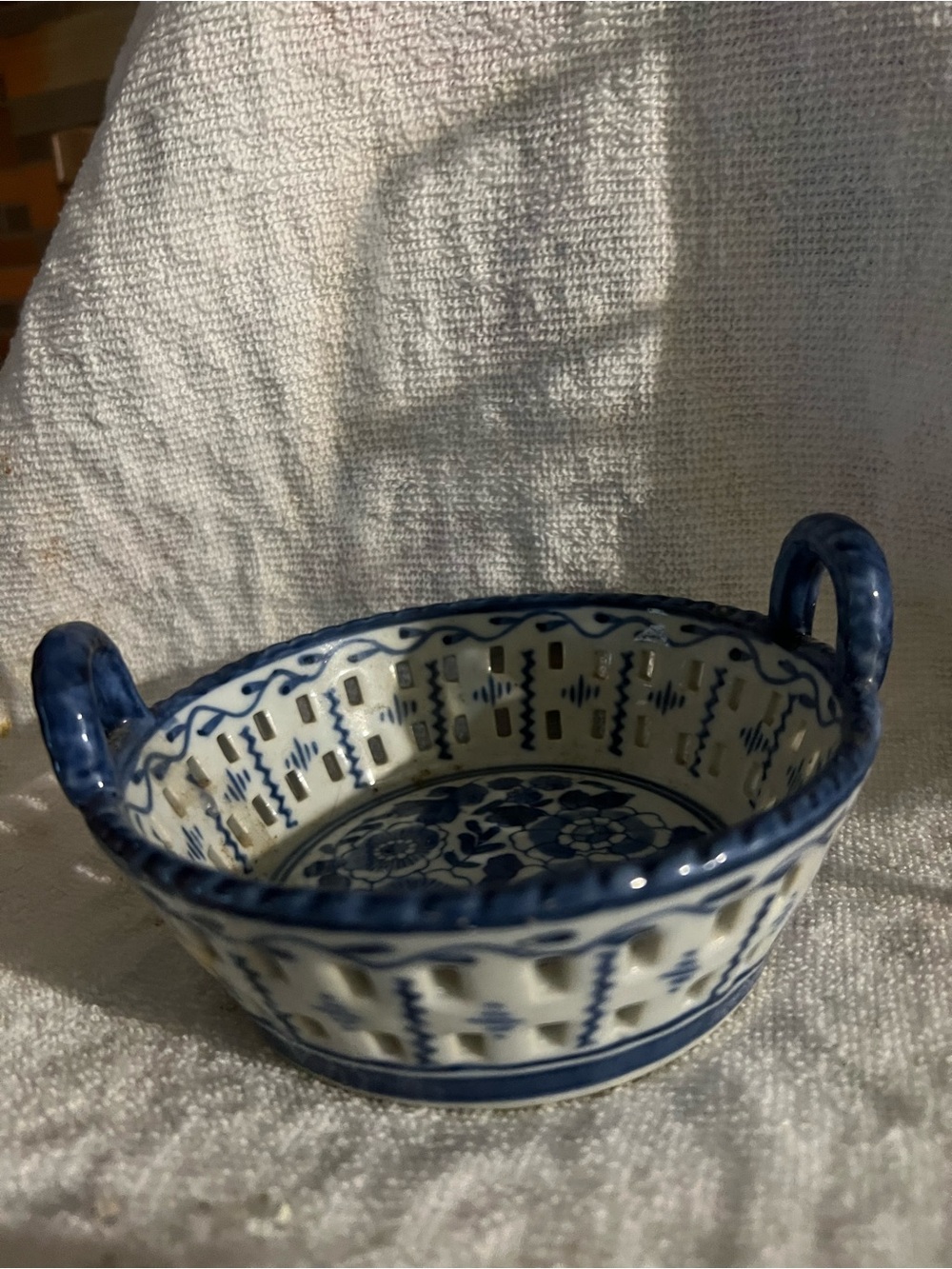Blue and White Ceramic Decorative Bowl with Handle Small
